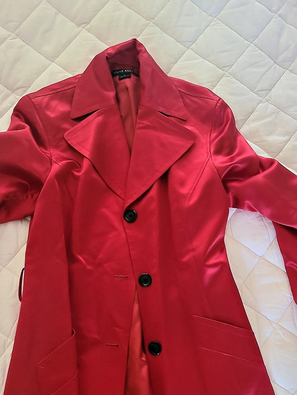 Anne Klein Silk Trench Coat in Red Size Large Like New